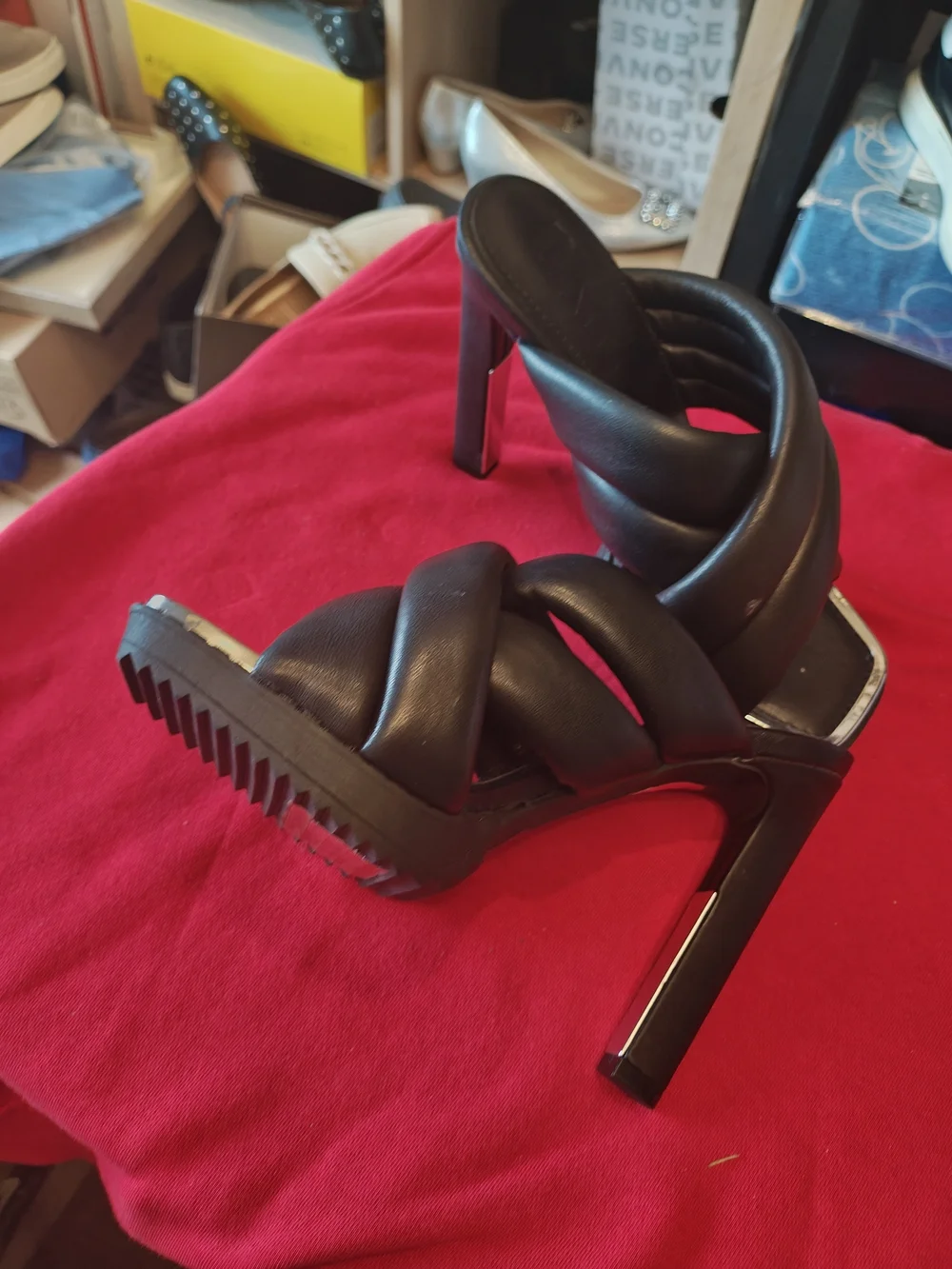 DKNY Black Padded Crossover Strap High Heel Mules 6